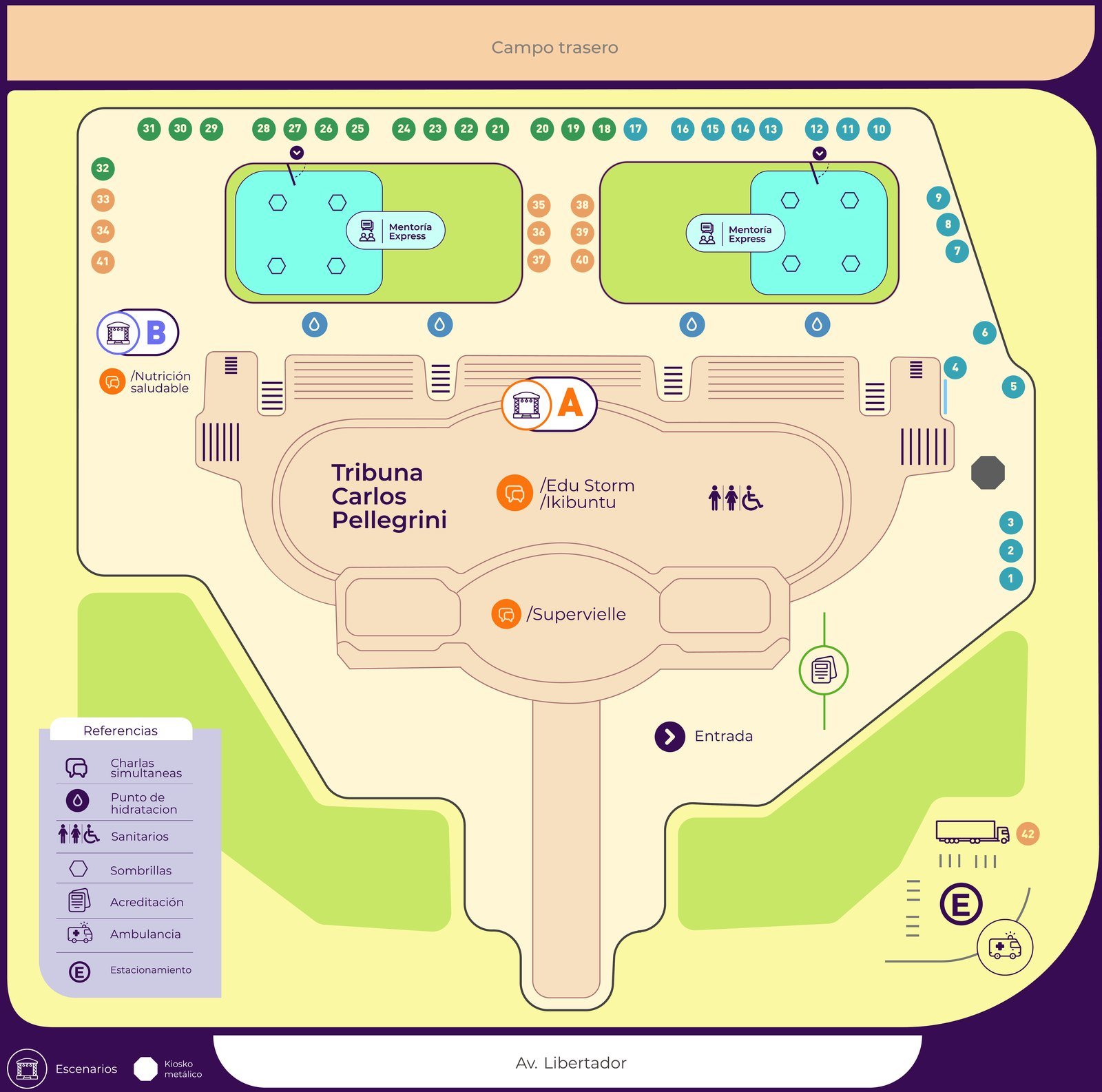 Plano de la Expo en el Hipódromo de Palermo: 42 stands numerados alrededor de la Tribuna Carlos Pellegrini, con la entrada sobre Av. del Libertador.